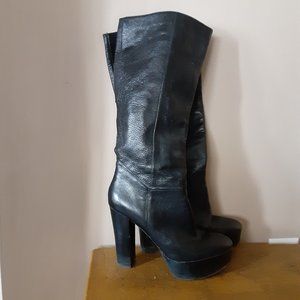 NINE WEST Black Leather Platform Knee High Boots Half Zip Side Size 9